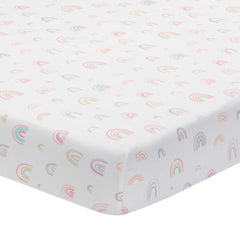 Lambs & Ivy Watercolor Rainbow sheet close-up shows breathable 100% cotton for baby comfort.