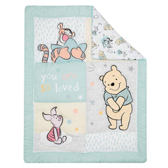 Lambs & Ivy Winnie the Pooh Hugs crib skirt coordinates with soft pastel theme for cohesive decor.