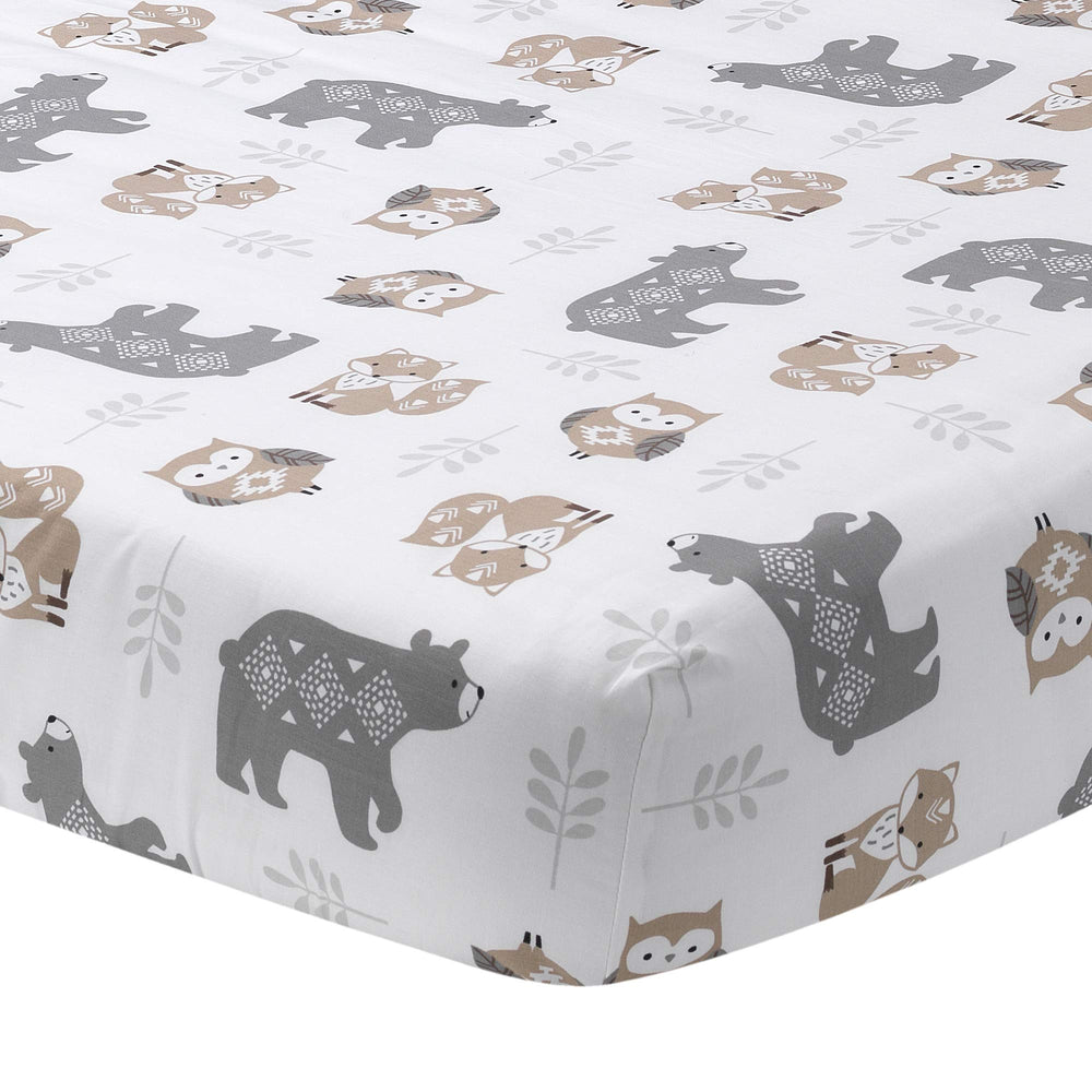 Lambs & Ivy Woodland Forest crib sheet close-up shows breathable cotton for comfortable sleep.