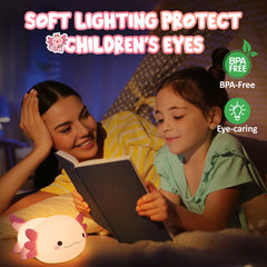 Lampeez axolotl provides adjustable brightness via touch for ambiance control.