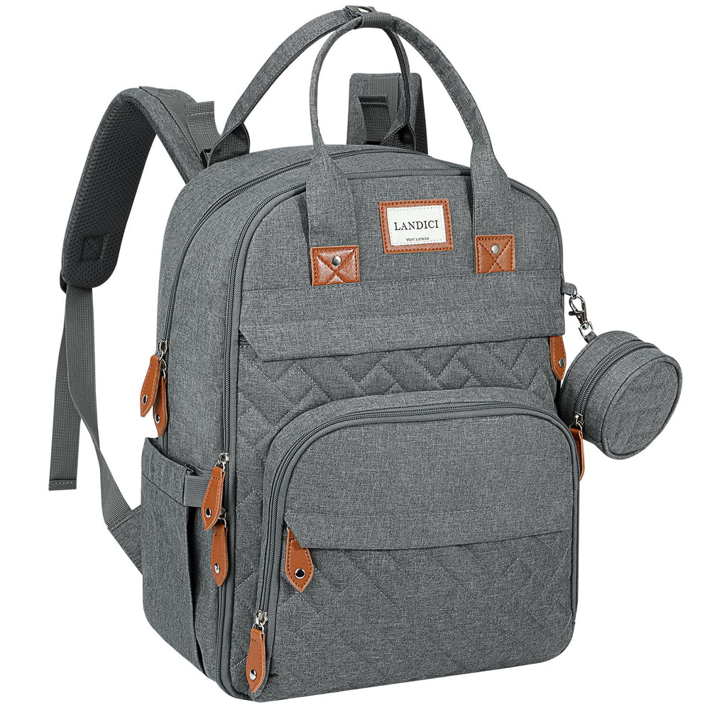 LANDICI diaper bag backpack front view highlights spacious compartments for organized on-the-go essentials