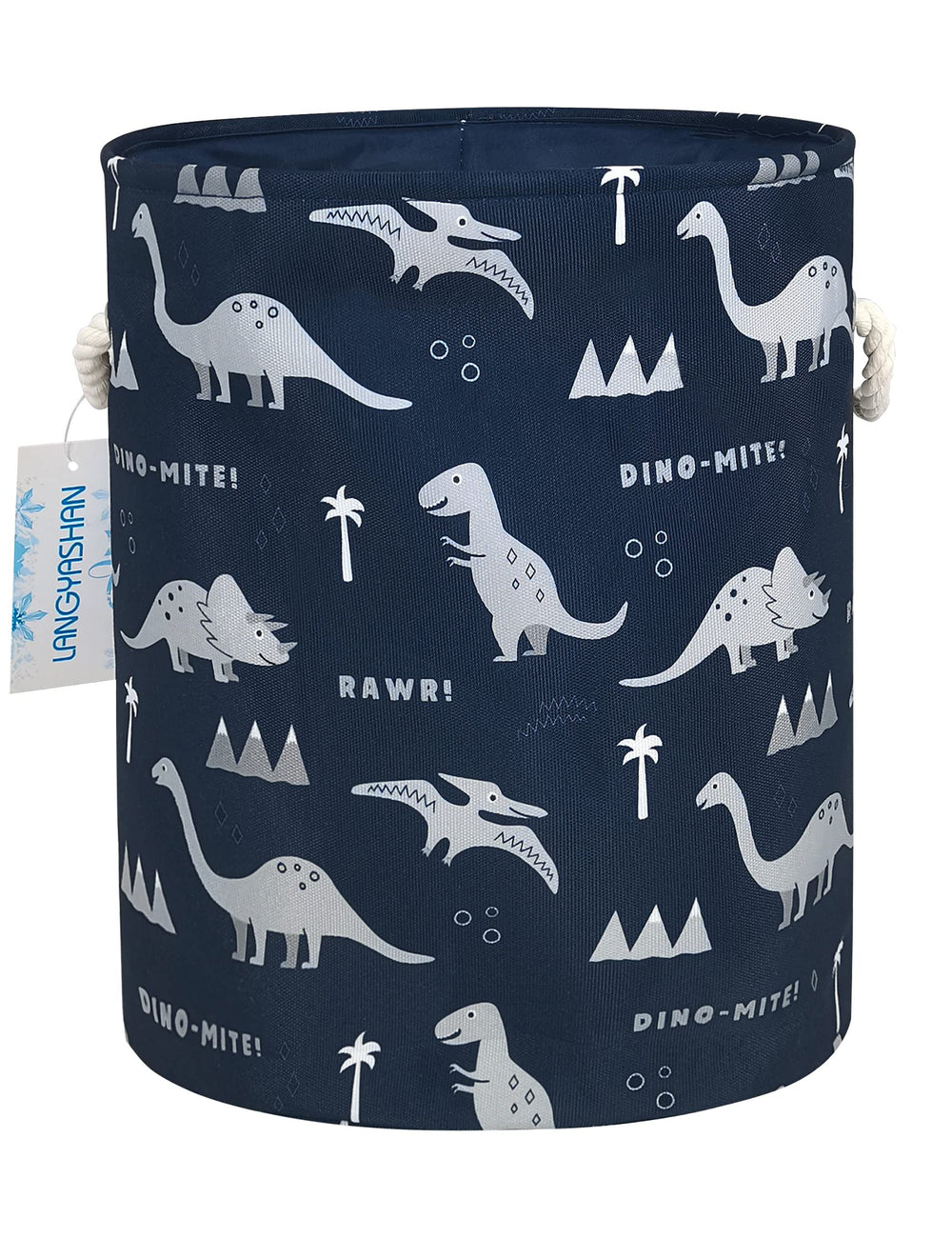 LANGYASHAN laundry basket collapsible with blue dinosaur design for easy storage.