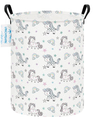 LANGYASHAN rainbow unicorn laundry basket with sturdy handles for easy transport.