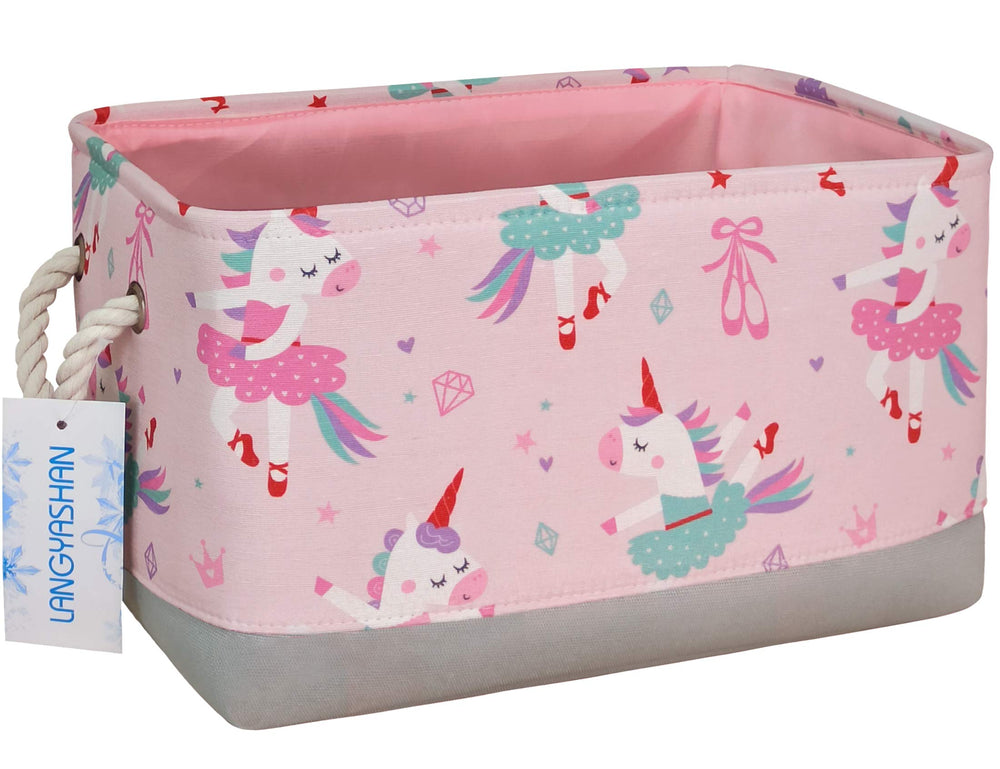 LANGYASHAN rectangular unicorn storage bin keeps toys organized with a playful pink design.
