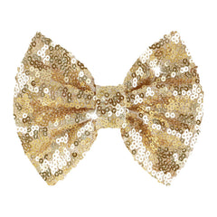 Lanmerry 5-inch glitter gold hair bow front view adds festive sparkle to little outfits.