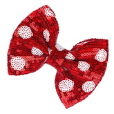 Lanmerry Christmas glitter bow clip showcases festive sequins for holiday hairstyles.