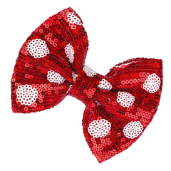 Lanmerry Christmas glitter bow clip showcases festive sequins for holiday hairstyles.