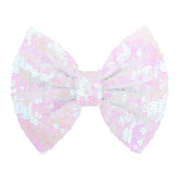 Lanmerry hair bow clip white sequin closeup adds sparkling detail for special occasions.