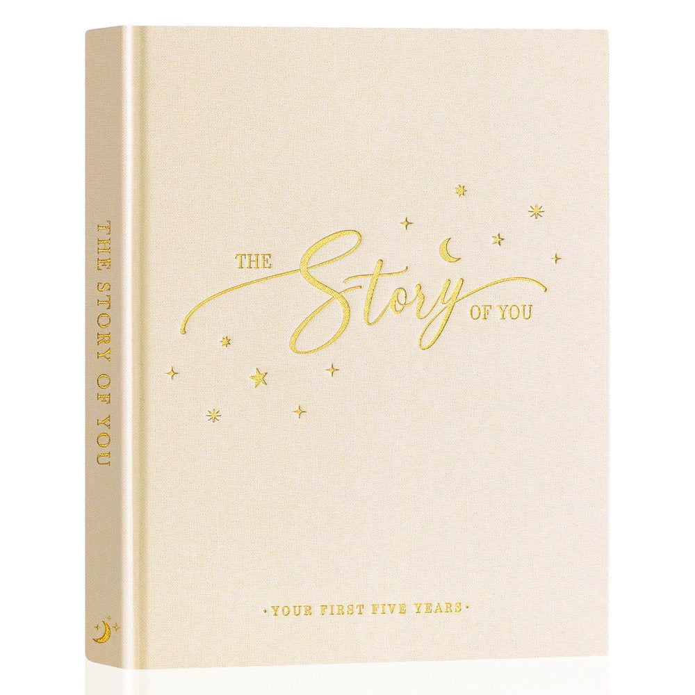 Lanpn baby memory book cover with gold foil and linen texture for heirloom quality