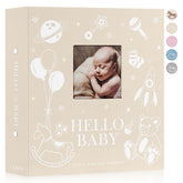 Lanpn baby photo album cover in beige linen with window for a timeless keepsake.
