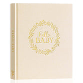 Lanpn Hello Baby memory book beige cover with gold foil—premium keepsake for cherished memories.