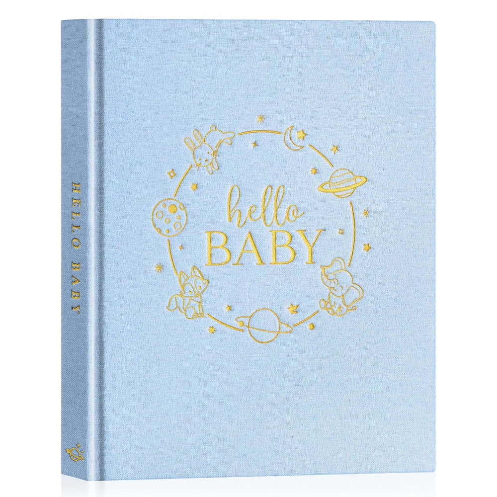 Lanpn Hello Baby Memory Book blue cover closeup, premium linen texture for lasting keepsakes.
