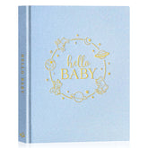 Lanpn Hello Baby Memory Book blue cover closeup, premium linen texture for lasting keepsakes.