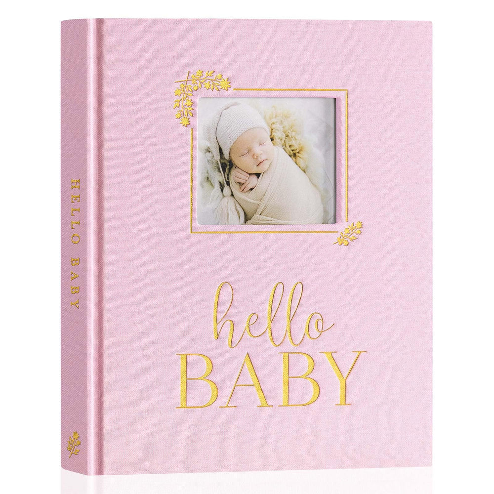 Lanpn Hello Baby Memory Book pink cover highlights premium linen texture for durable keepsakes.