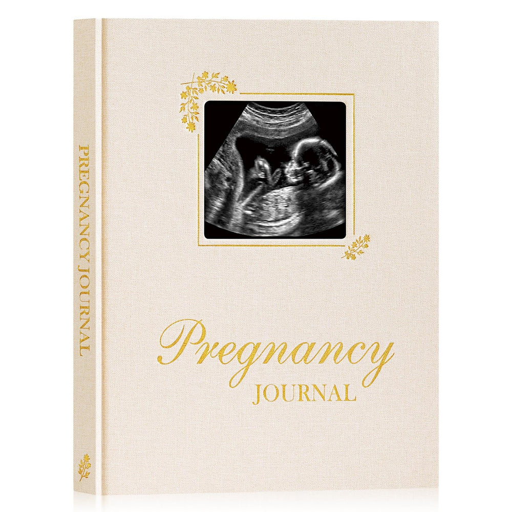 Lanpn Pregnancy Journal beige linen cover with gold-foil details, premium keepsake.