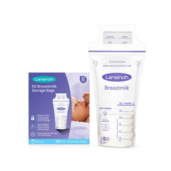Lansinoh breast milk storage bags with pour-spout for easy, mess-free bottle transfers.