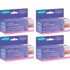 Lansinoh Nipple Cream packaging view highlights a convenient 4-pack for home and travel.