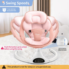 LAREX baby swing front view demonstrates compact pink frame for small spaces.