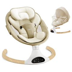 Larex baby swing side view demonstrates soothing 5-speed motion for baby comfort.