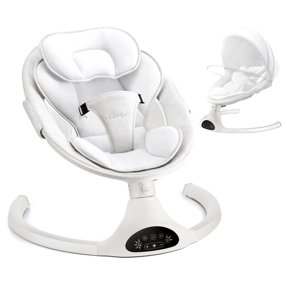 Larex baby swing front view, white frame, cozy newborn seating for soothing moments.