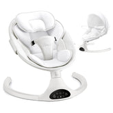 Larex baby swing front view, white frame, cozy newborn seating for soothing moments.