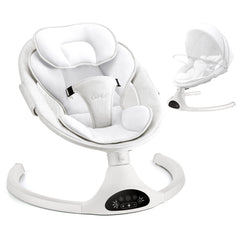 Larex baby swing front view, white frame, cozy newborn seating for soothing moments.
