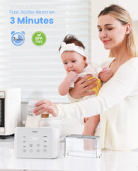 LAREX double bottle warmer inside water bath—even heat distribution for gentle warming.