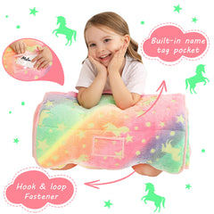 Lasoftan Glowing Unicorn nap mat rolled for easy portability on trips