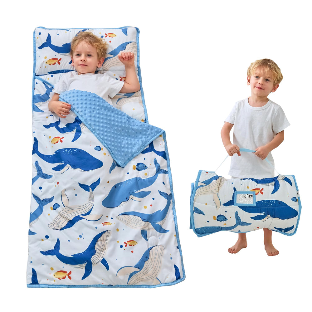 Lasoftan Ocean Whale nap mat rolled for quick daycare setup and portability.