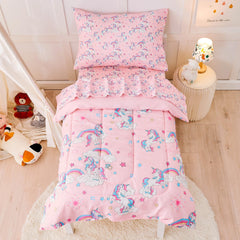 lasoftan Pink Unicorn Toddler Bedding Set packaging shows complete 4-piece bundle for easy setup