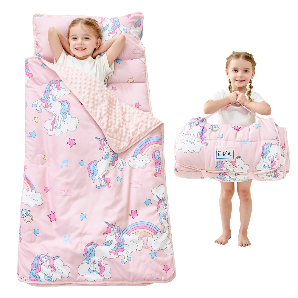 Lasoftan toddler nap mat folded for travel, compact and easy to carry.