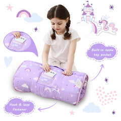 lasoftan toddler nap mat pillow-included shows built-in pillow for head and neck support during naps