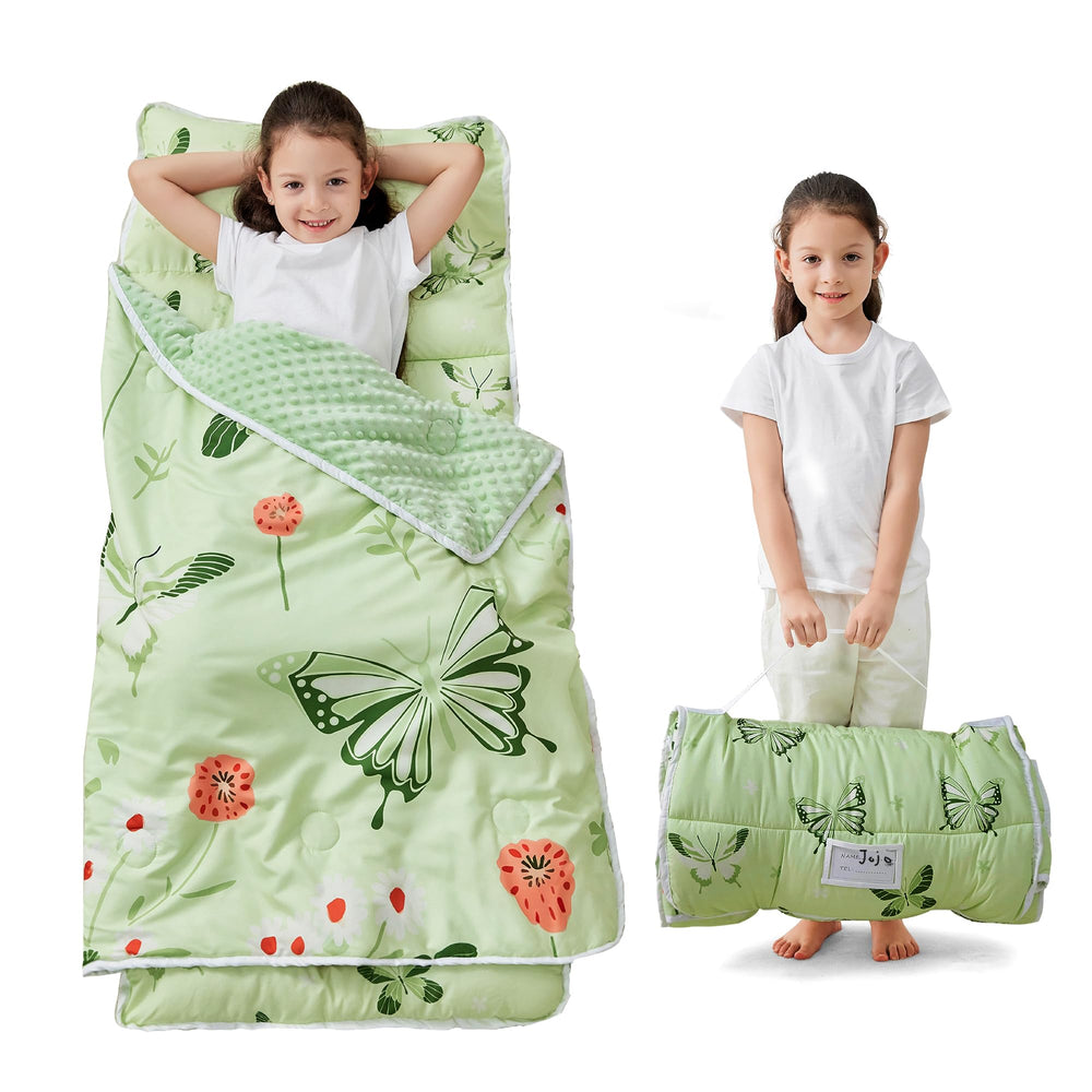 Lasoftan toddler nap mat roll demonstrates easy travel setup for daycare