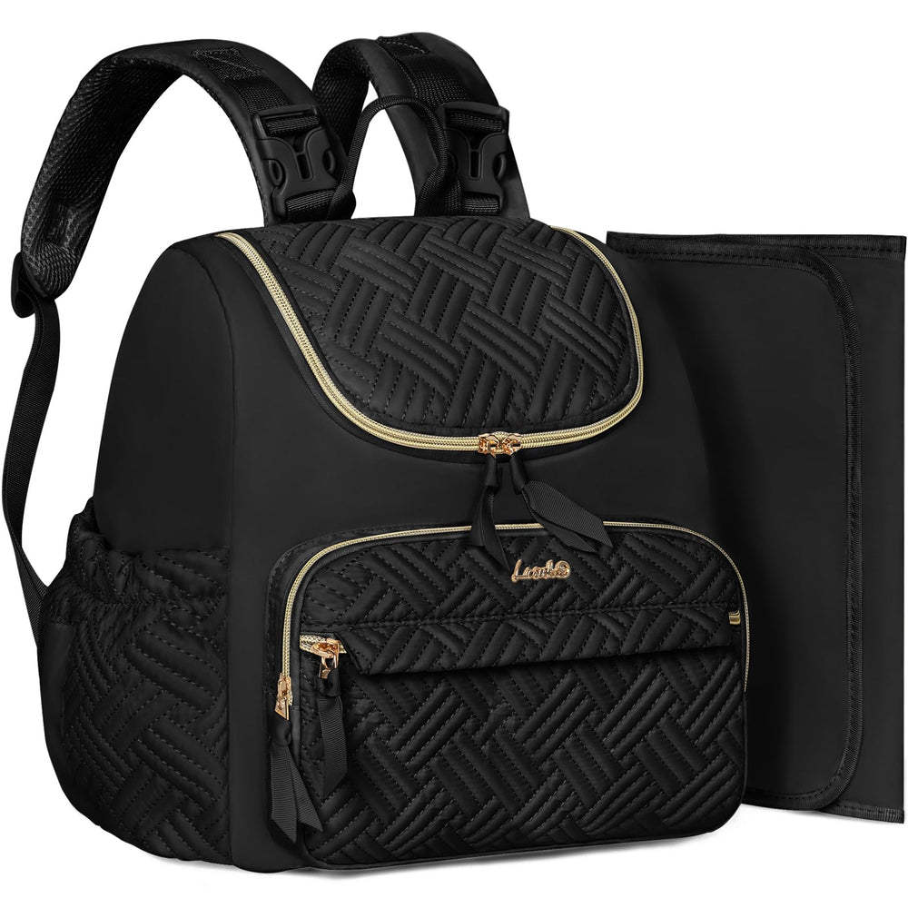 LASUK diaper backpack front view with multiple pockets for organized on-the-go storage.