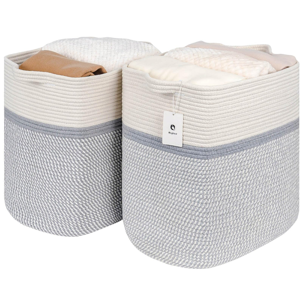 Laughbird white-gray storage basket front view for clutter reduction.
