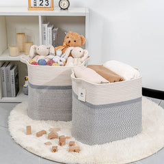 Laughbird woven closet organizer basket blends with neutral decor.