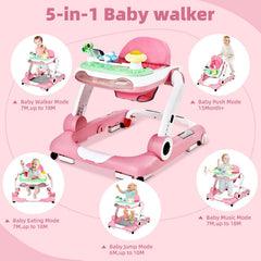 LAUJIA 5-in-1 baby walker folded pink folds compactly for storage and travel