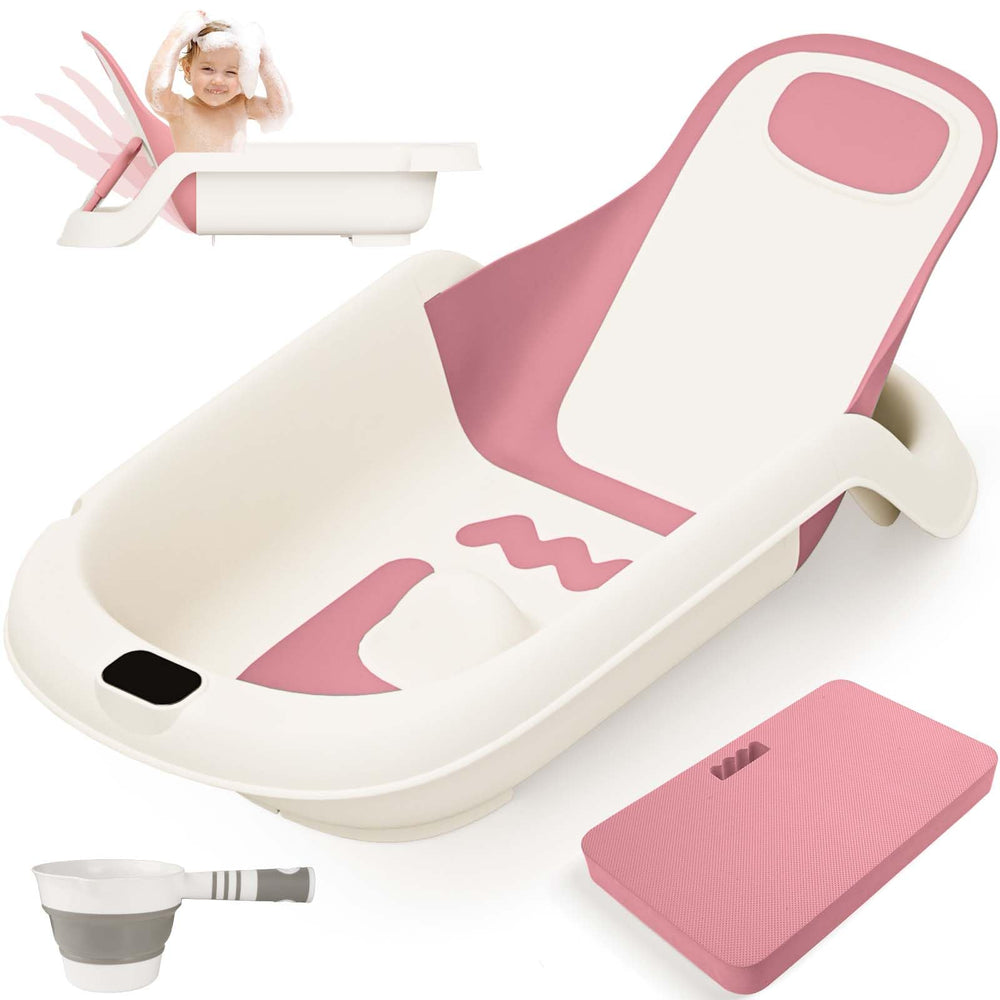 LAUJIA baby bathtub with reclining positions supports comfort from newborns to toddlers during baths.