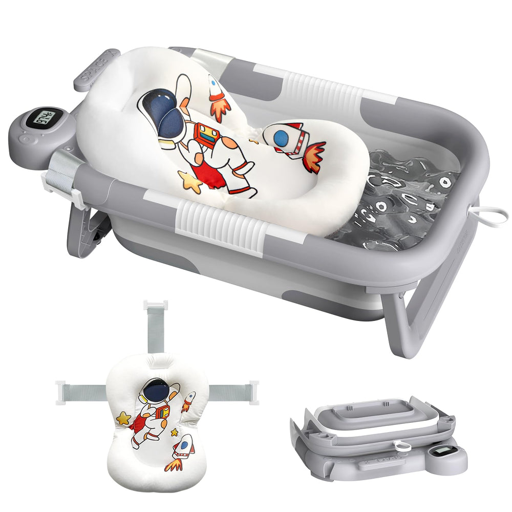 LAUJIA collapsible baby bathtub Astronaut Gray folded for space-saving storage.