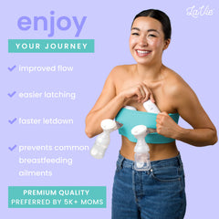 LaVie Lactation Massager pad on breast provides targeted relief during pumping sessions.