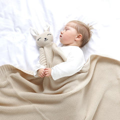 LAWKUL Bunny Lovey Blanket folded for travel highlights lightweight, on-the-go comfort.