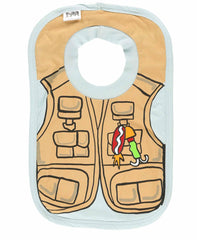 Lazy One animal-print baby bib with fly-fishing vest design offers protective coverage during meals.