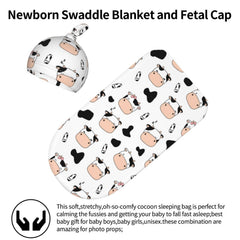 Lcokin cow-print swaddle hat set on tiny head for warm photos.