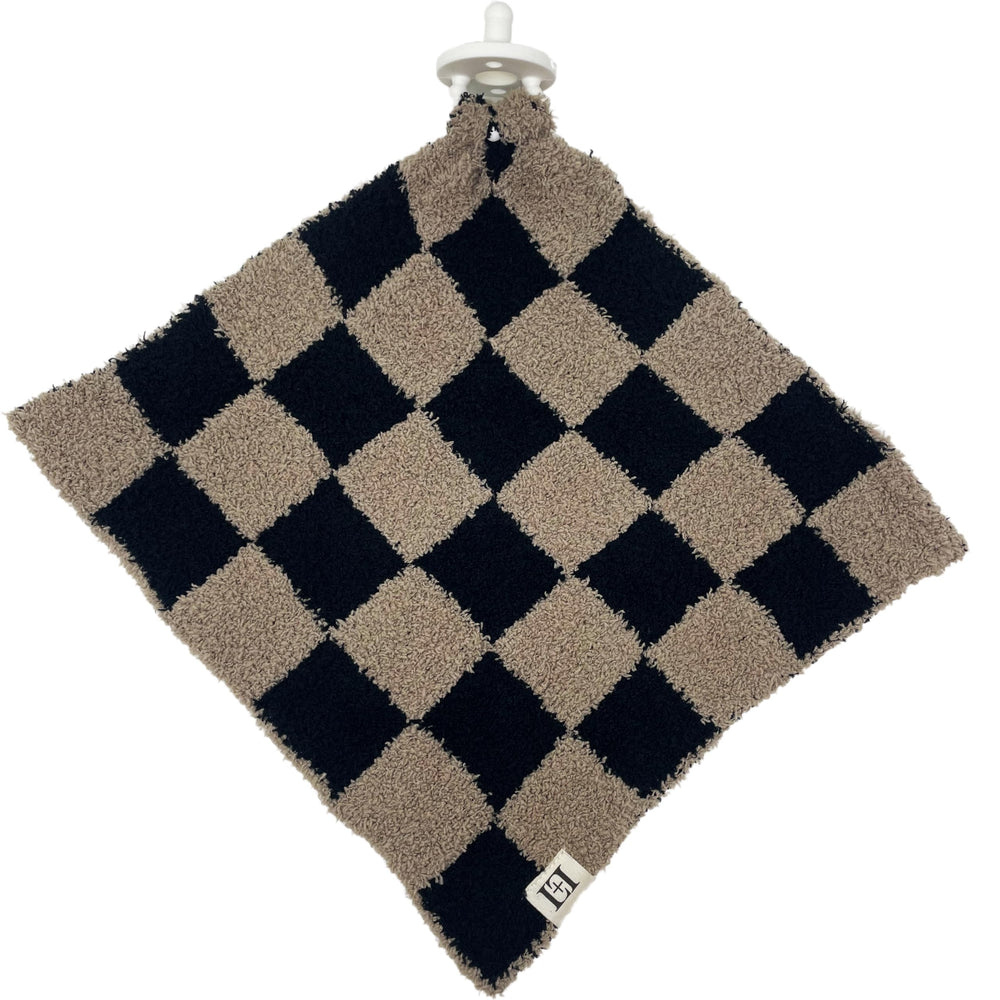 Leaps + Legends Checkered Lovey front view, cuddly 10x10 inch plush for soothing snuggles.