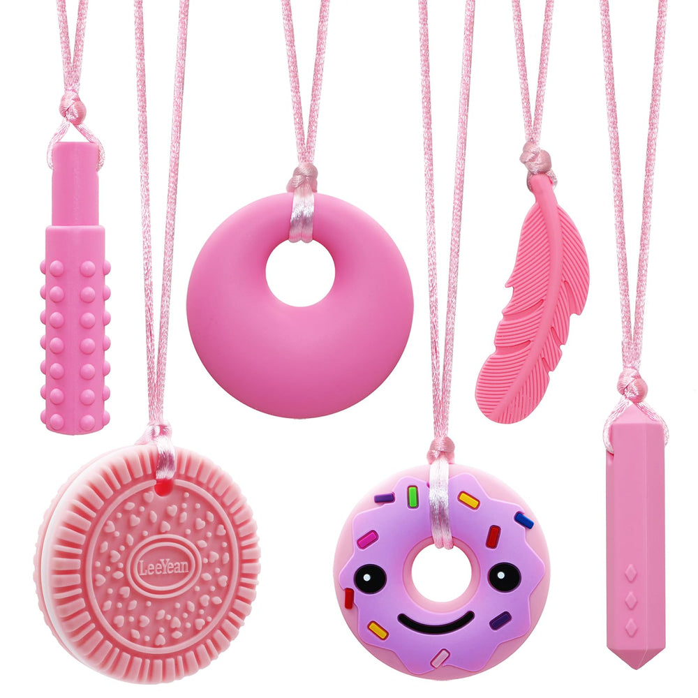 LeeYean chew necklaces 6-pack bright pink donut for sensory focus and calm moments.