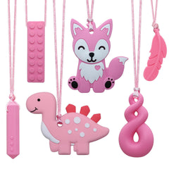 LeeYean chew necklaces 6-pack shows dinosaurs and fox shapes for soothing sensory play