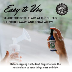 Legendairy Milk pumping spray close-up highlights organic oils used for skin-friendly lubrication.
