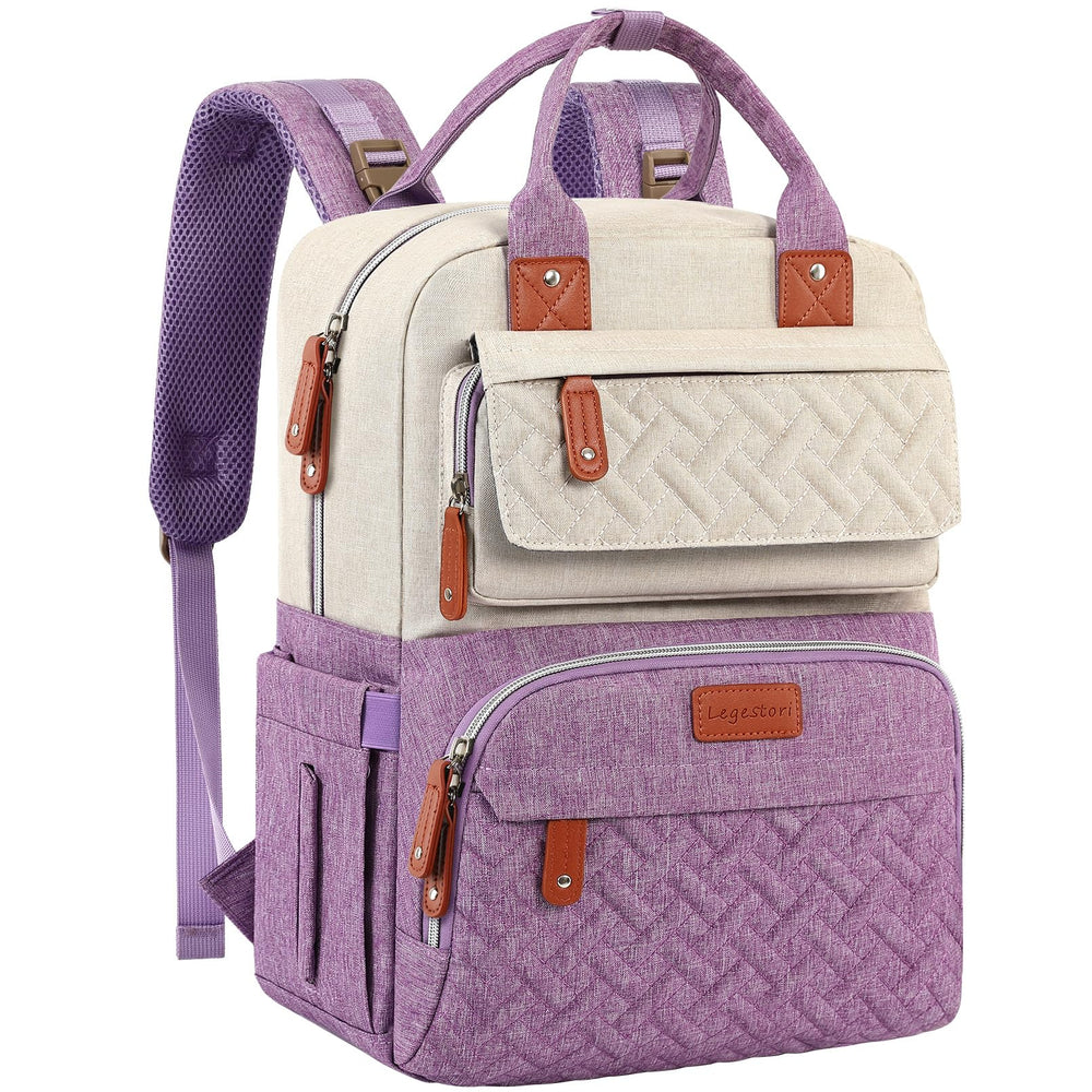 Legestori diaper bag backpack in purple patchwork offers ample capacity with stylish, versatile design.