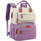 Legestori diaper bag backpack in purple patchwork offers ample capacity with stylish, versatile design.