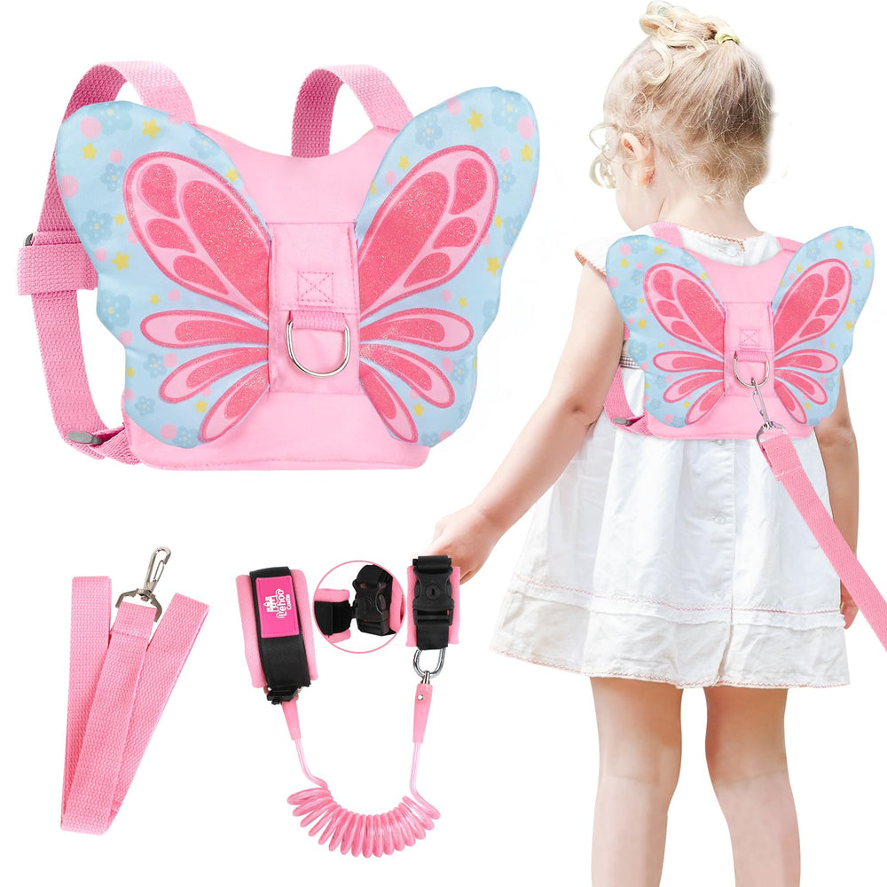 Lehoo Castle Toddler Leash pink butterfly backpack close-up shows secure wear for crowded venues